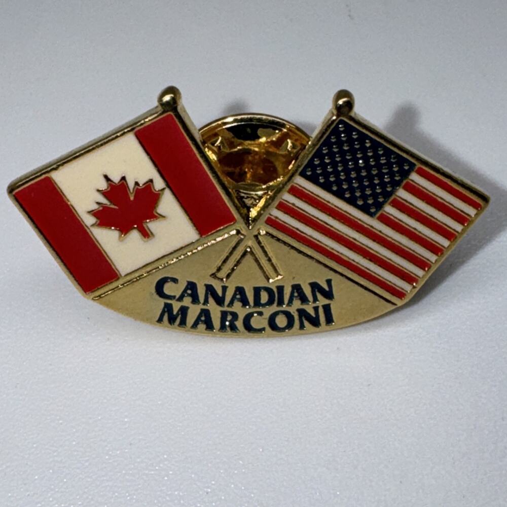 Vintage Canadian Marconi Canada USA Flags Enamel Lapel Pin Employee Badge